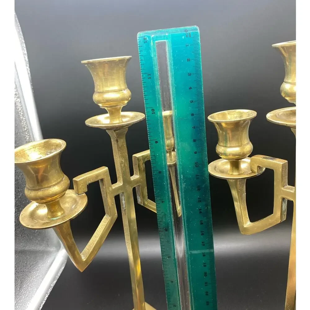 Vintage Brass Art‎ Deco Candelabra Pair Geometric Taper Candle Holders 12